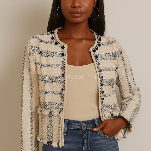 Tory Burch Abbot Embroidered Striped Tweed Jacket 2 Small - Picture 1 of 10